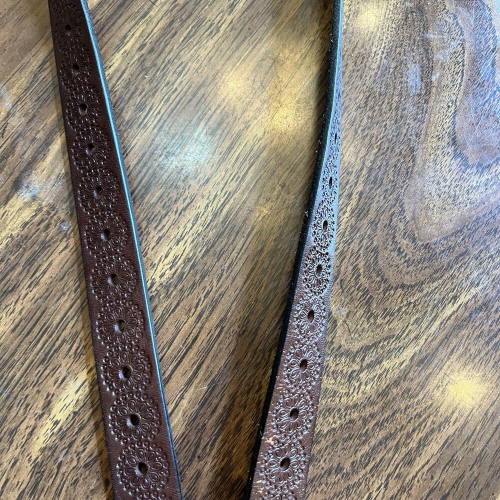 FOSSIL BROWN TOOLED LEATHER SINGLE PRONG/BRASS BUCKLE WOMENS LEATHER BELT:M - Picture 6 of 8
